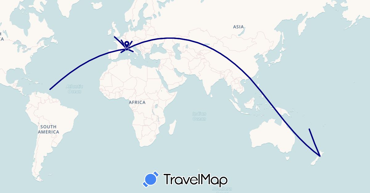 TravelMap itinerary: driving in Barbados, Germany, Spain, France, United Kingdom, Hong Kong, Italy, New Caledonia, New Zealand (Asia, Europe, North America, Oceania)